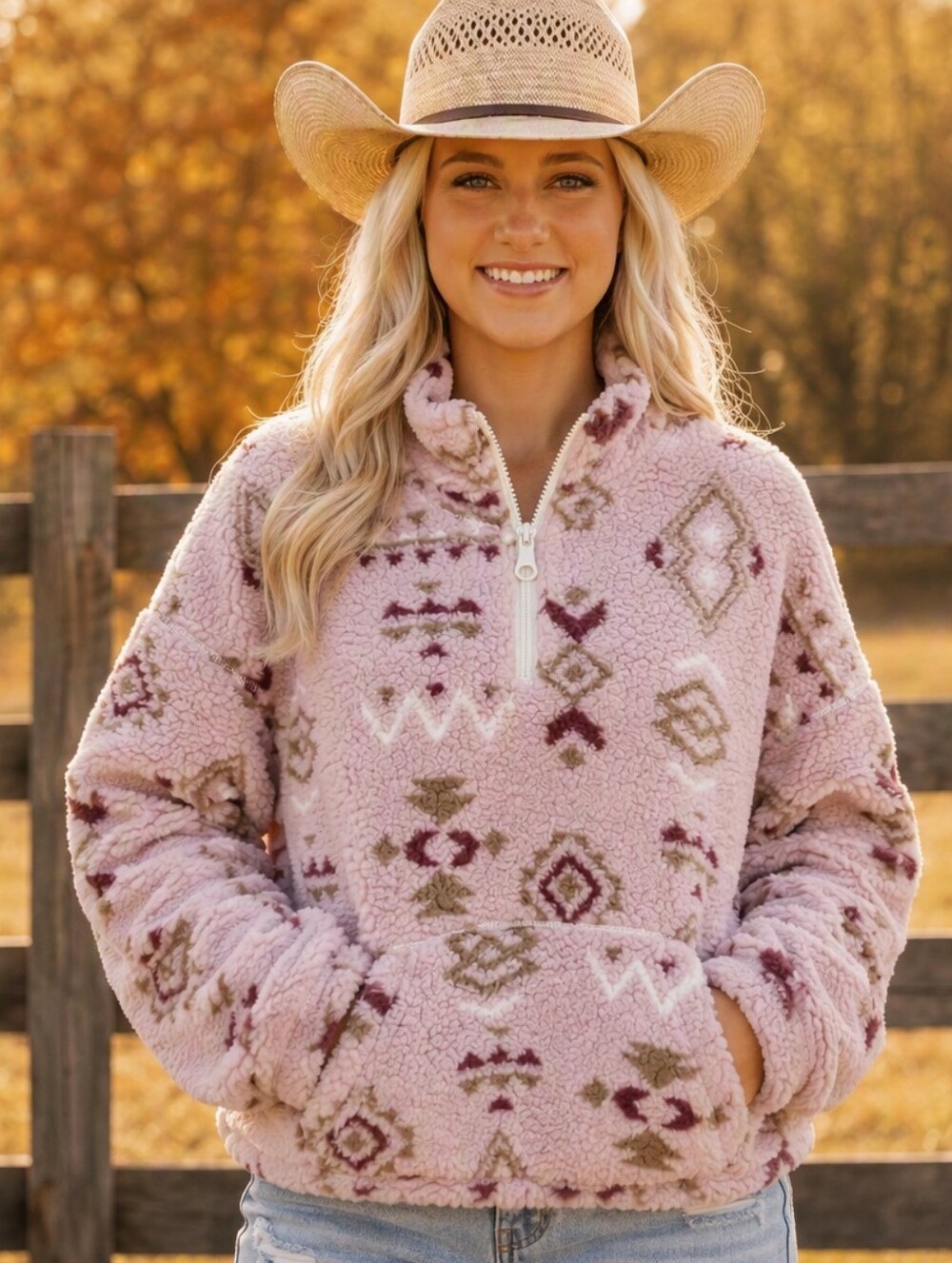 Dusty Rose Cozy Pink Aztec Sherpa Pullover Sweater